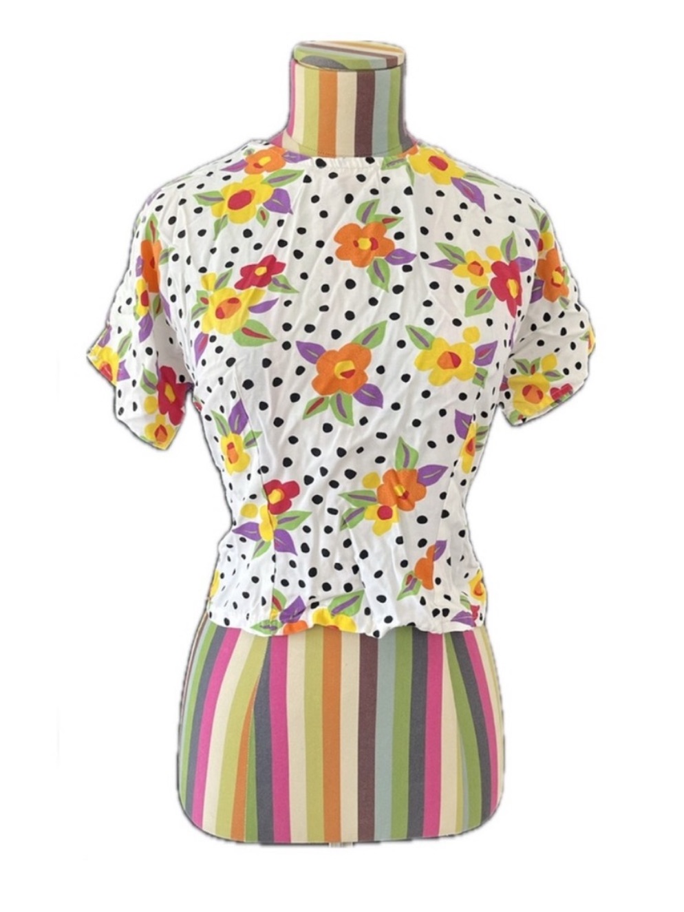 Vintage Handmade Polkadot & Floral Colorful Crop Top Blouse Summer